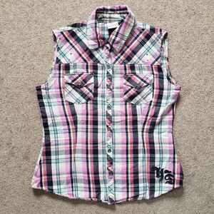 Vintage Y2k Harley Davidson Embroidered Sleeveless Shirt Metal Buttons Cotton M